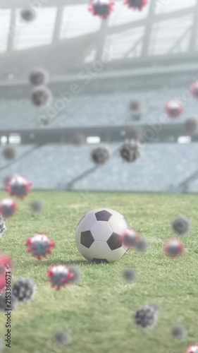 Covid-19 cells against soccer ball on sports stadium