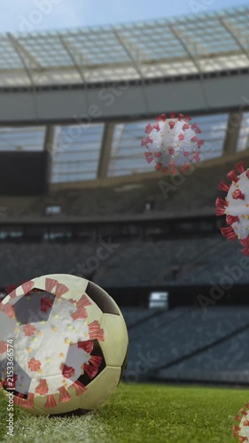 Covid-19 cells against soccer ball on sports stadium