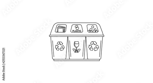 Recycling Bin Outline Vector Icons: Paper, Plastic, Glass - White Background.