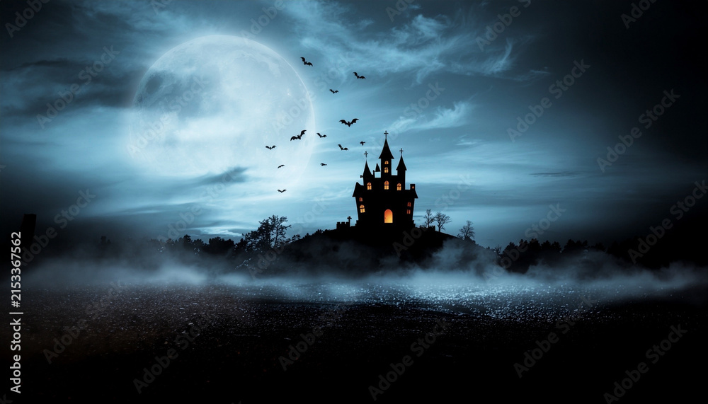 Fototapeta premium Halloween night scene with a dark castle perched on a fog-shrouded hill. The soothing light of a large full moon amidst a night sky with scattered clouds.