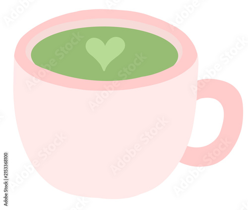 hot matcha green tea with pink cup soft color illustration