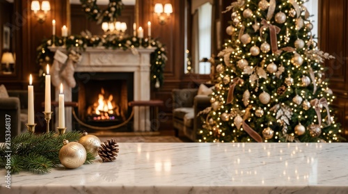 Empty table in a cozy living room with a decorated christmas tree