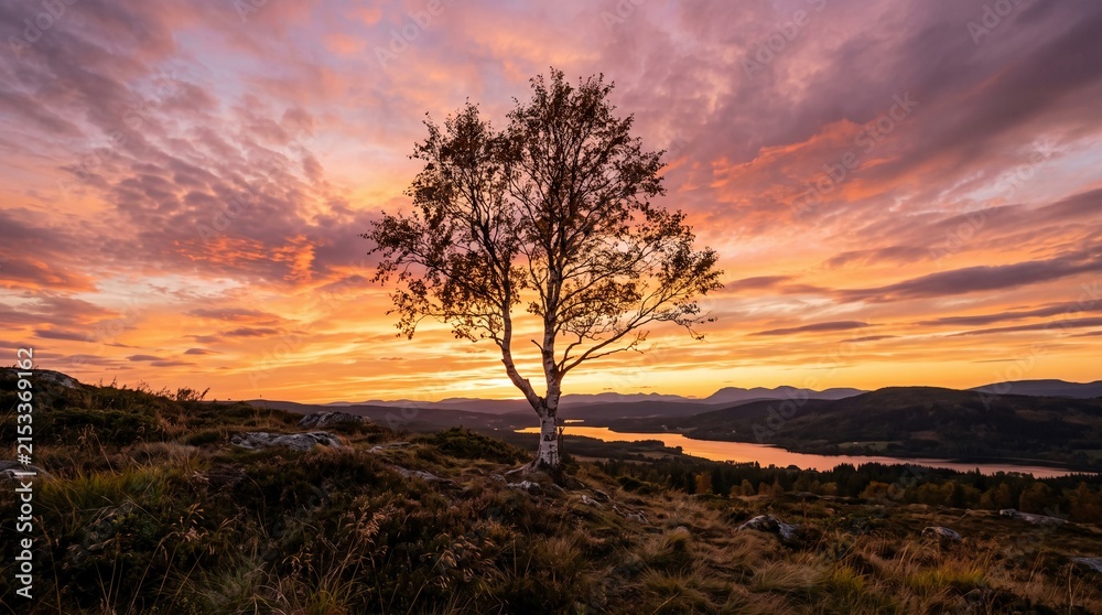 Fototapeta premium Birch Tree Standing on Hill at Sunset Over Lake