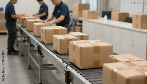 E-commerce Parcels Moving on Conveyor in Fulfillment Center: Logistics
