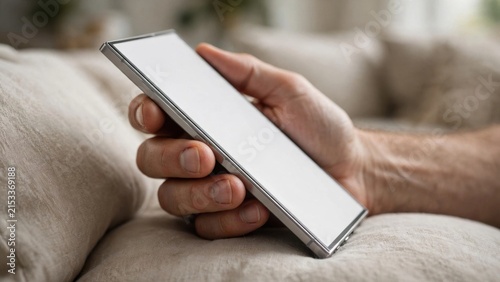 Close-up of a hand holding a smartphone with a blank screen.