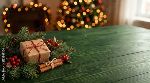 Christmas gift box on a wooden table with festive holiday lights