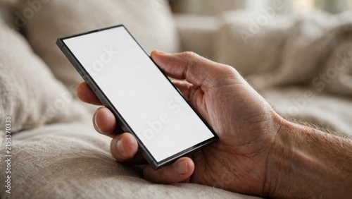 Close-up of a hand holding a smartphone with a blank screen while relaxing on a bed.