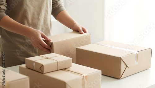 Worker Preparing Gift-Ready Packages for Holiday Shipping: E-commerce Fulfillment