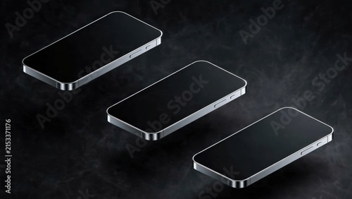 Three Black Smartphones Arranged Diagonally on Dark Textured Surface.