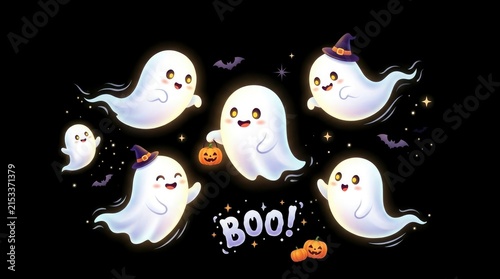 Cute Halloween Ghosts with Pumpkins and Bats