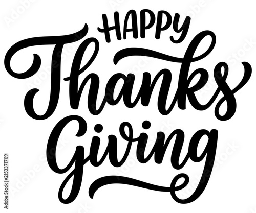 Elegant black hand-lettered Happy Thanksgiving typography isolated on a white background for seasonal design projects.