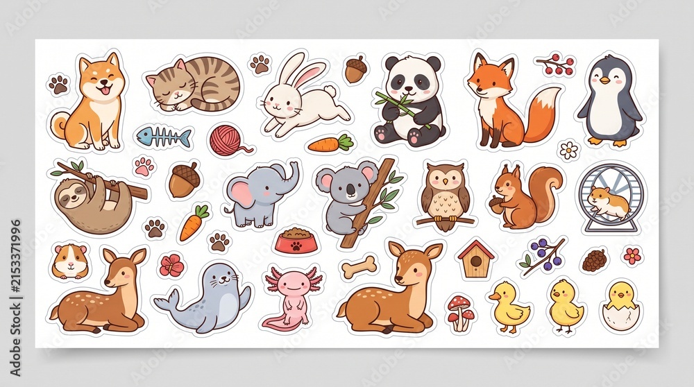 Fototapeta premium Cute wild and domestic animals sticker collection vector set