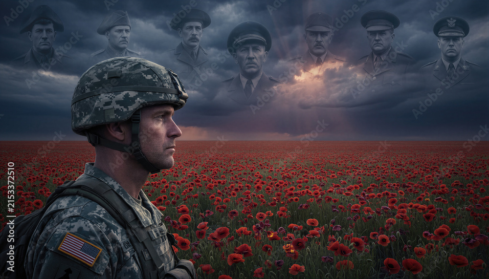 Fototapeta premium Soldier in desert camouflage uniform standing in field of red poppies. Memory of fallen war heroes appearing in cloudy sky. Tribute to military personnel on Memorial Day and Veterans Day.