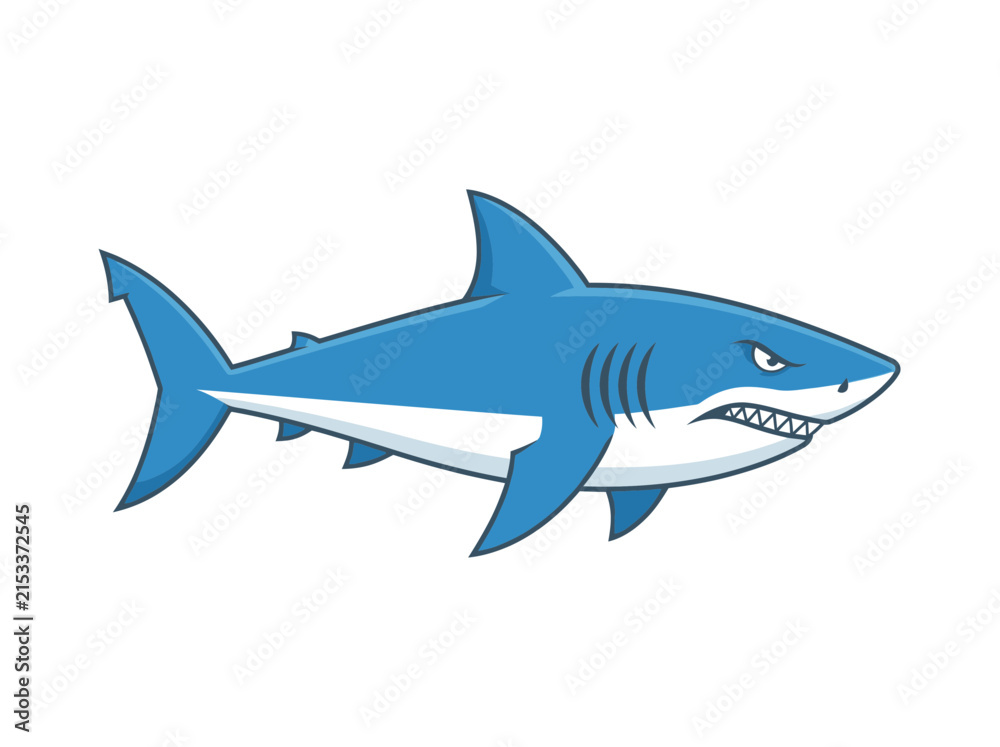 Obraz premium Aggressive Blue Shark Cartoon Vector Illustration Isolated on White