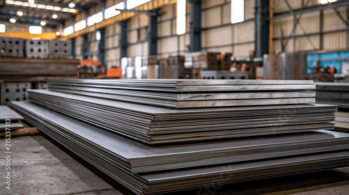 Stack of industrial steel plates inside a factory workshop. Representing metal manufacturing and raw material supply.
