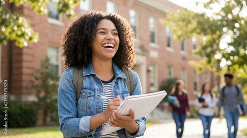 Happy young college student laughing and holding a notebook on a university campus with students walking in the background