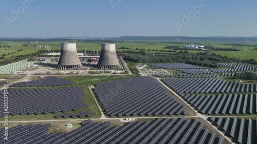 Aerial view of solar panels installed at the former Trino nuclear power plant site in Trino, Piedmont, Italy.