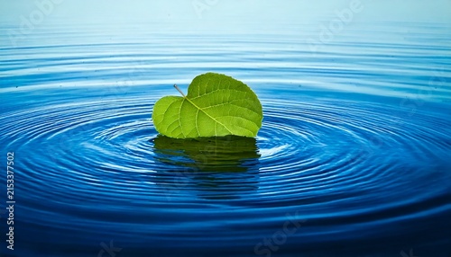 Green Leaf Floating on Blue Water with Circular Ripples and Reflection