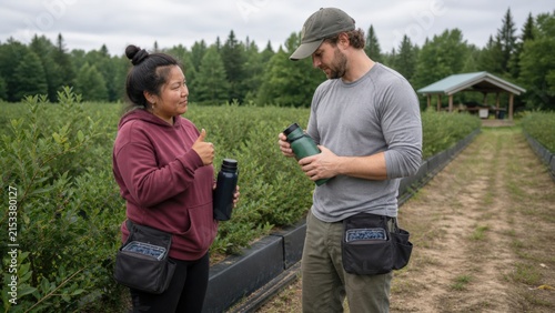 Farmworker Heat Safety Two Berry Pickers Conducting Calm Buddy Check