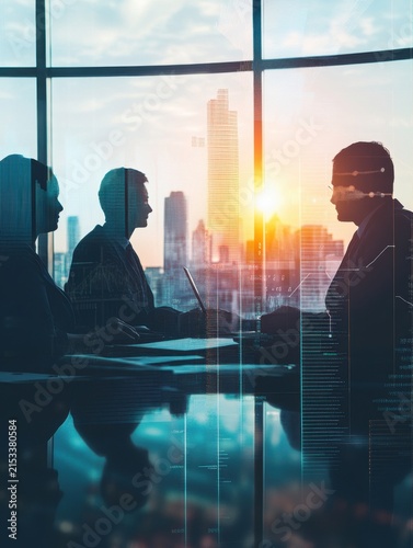 Strategic business summit at dusk, collaborative minds against urban sprawl