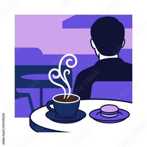 Man sitting alone in a cafe having a hot drink and a pastry