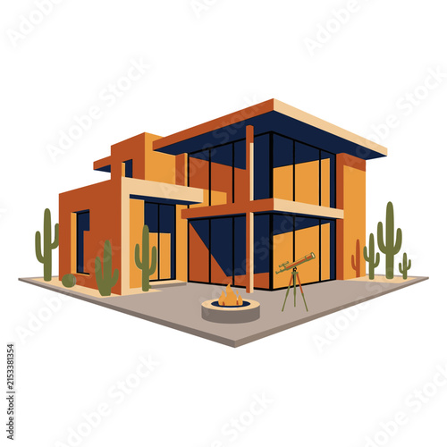 Modern desert house architecture with large glass windows and cacti