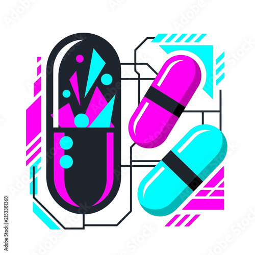 Modern digital medical capsule pills with futuristic circuit board elements