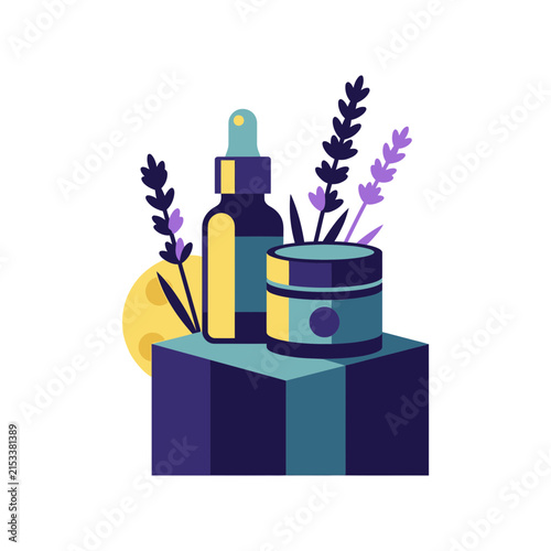 Natural cosmetic products with lavender and serum bottle on podium