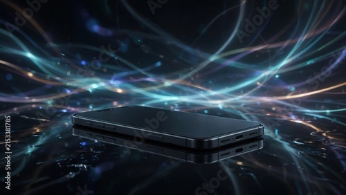 Sleek Black Smartphone on a Dark Reflective Surface with Abstract Light Trails.