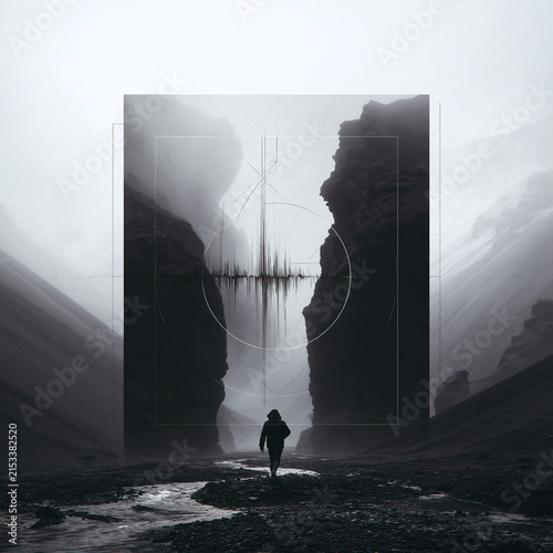 music cover design with dark misty landscape and geometric overlay, atmospheric abstract sound waveform and circular design, mysterious scene with lone traveler and modern geometric elements