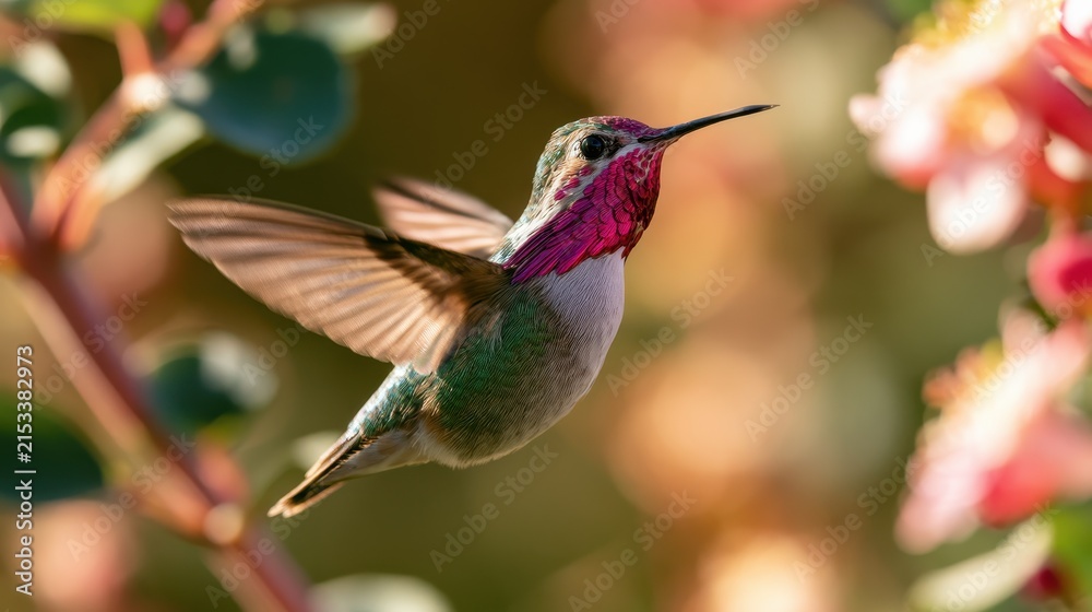 Naklejka premium Male Calliope hummingbird in flight with iridescent gorget among garden blooms