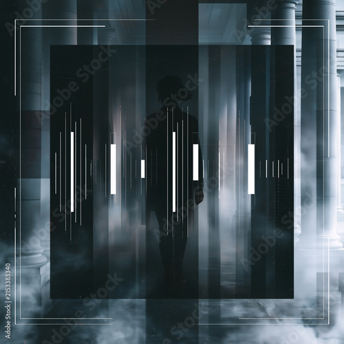 music cover design with dark misty landscape and geometric overlay, atmospheric abstract sound waveform and circular design, mysterious scene with lone traveler and modern geometric elements