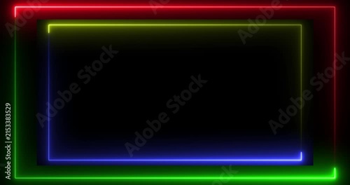 Multicolor Neon Frame with Glowing RGB Border on Black Background, Futuristic Digital Light Rectangle for Technology, Gaming, Streaming and Motion Graphics