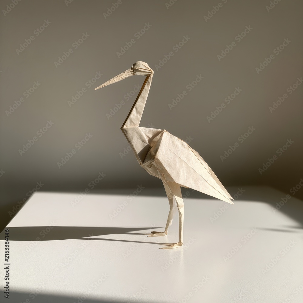 Obraz premium Minimalist paper art: origami stork in soft studio light