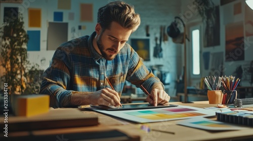 Creative man meticulously working on designs in his studio with inspiration around him