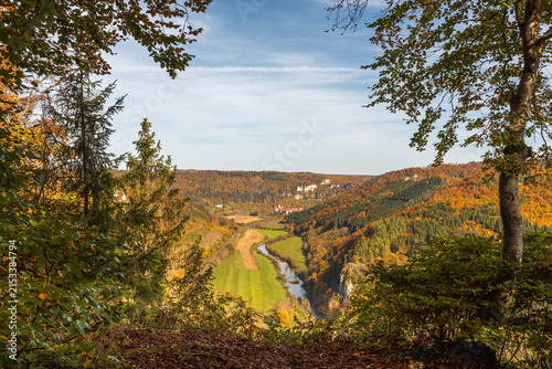 Scenic autumn view of the Upper Danube Valley with Beuron Abbey from the Knopfmacherfelsen viewpoint, Swabian Alb, Germany