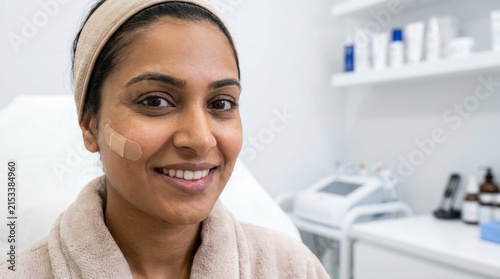 Smiling woman after skincare cosmetic procedure in medical spa