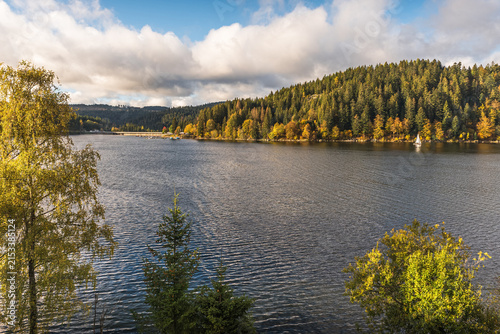Scenic view over Lake Schluchsee with the dam wall in the background, Black Forest, Germany
