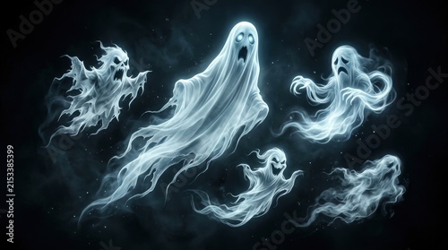 Spooky ghosts and spirits floating on dark background for Halloween celebration