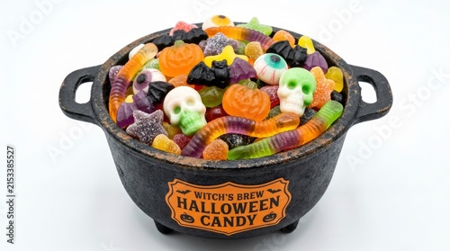 Spooky Halloween gummy candy treats inside a black cauldron pot on white background