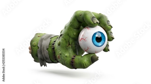 Spooky monster hand holding a human eyeball isolated on white