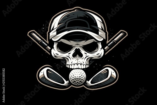 Monochrome skull golf emblem with crossed clubs and ball for branding