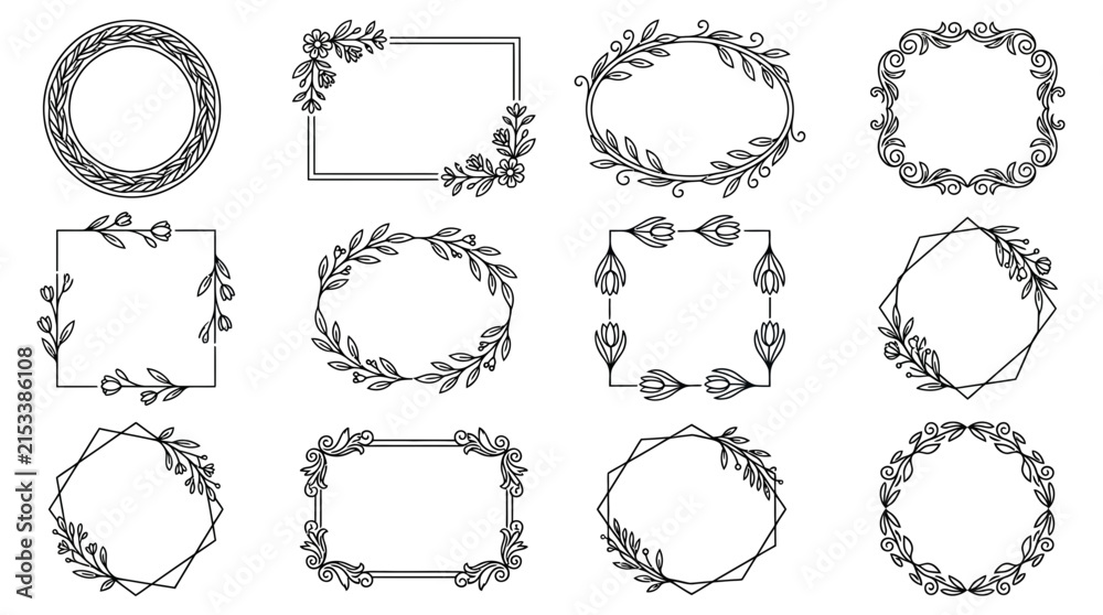 Fototapeta premium Hand drawn floral wreath and botanical frame icon set.