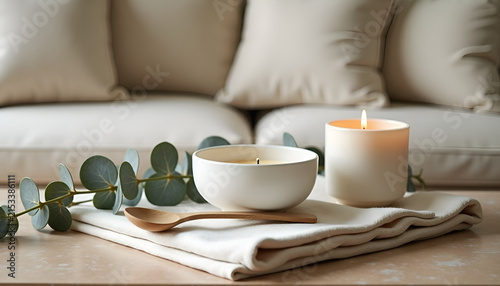 Minimal premium composition combining linen, ceramic, natural wood, wax and eucalyptus on warm travertine. Suitable for home decor, sustainable living and lifestyle advertising