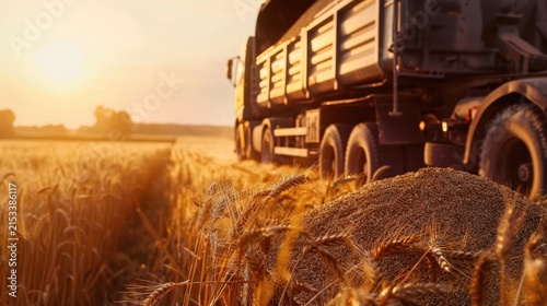 Semi-truck transporting grain in golden wheat field