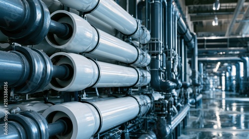 Close up of industrial pipes in a water treatment plant. Professional engineering concept for infrastructure and.
