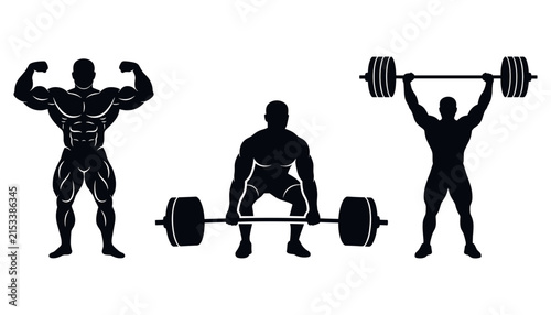 Set of silhouettes of bodybuilders and weightlifters