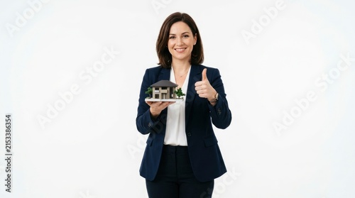 Successful real estate agent holding a miniature house and giving a thumbs up gesture against white background