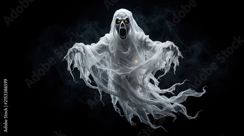 Terrifying ghost with glowing eyes in white shroud floating in dark smoke for Halloween horror concept