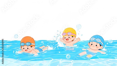 Children happily playing in the blue swimming pool